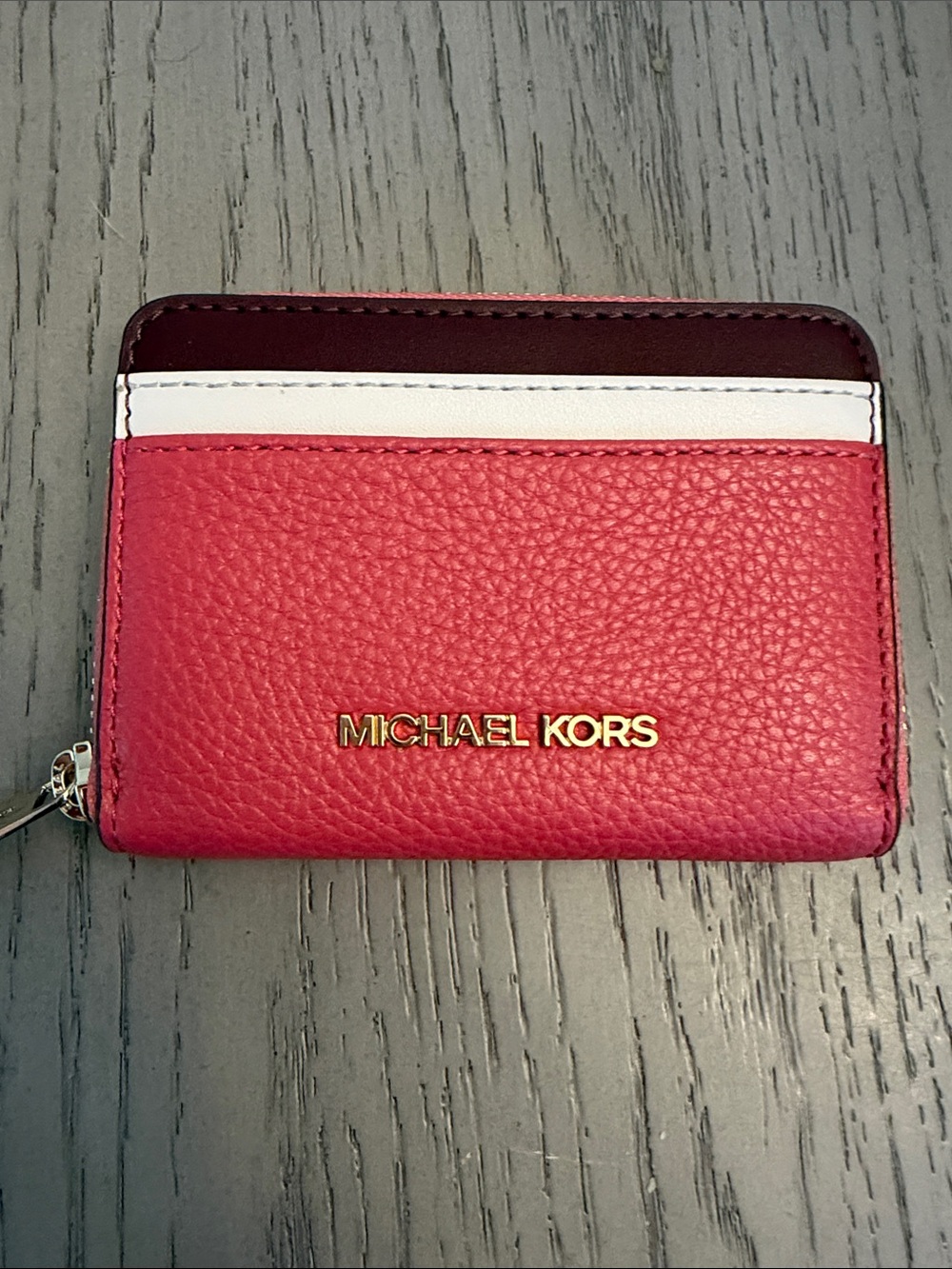 Michael Kors Raspberry and Cream colored Zip Card Case Wallet